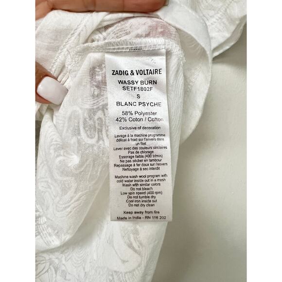 Zadig & Voltaire Wassy Burn Printed Short Sleeve V-neck Tee White Women's S - Picture 4 of 5